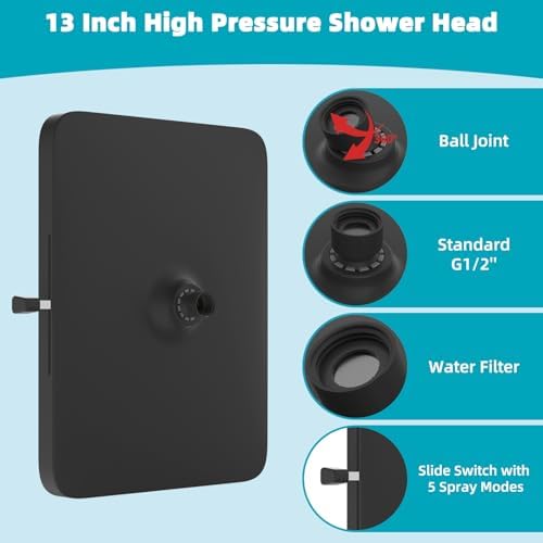 Hibbent cUPC Certified 5 Spray Modes Shower Head, 13'' High Pressure Large Rainfall Shower Head, High Flow Waterfall Bathroom Fixed Showerheads, Adjustable Swivel Ball Joint, Matte Black - Image 5