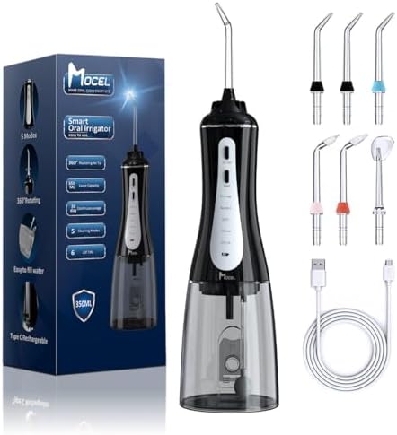 MOCEL Water Dental Flosser Oral Irrigator with 5 Modes, 350ml Cordless Water Teeth Cleaner Pick 6 Tips, IPX7 Waterproof Rechargeable Portable Powerful Battery for Travel & Home Braces & Bridges Care by MOCEL