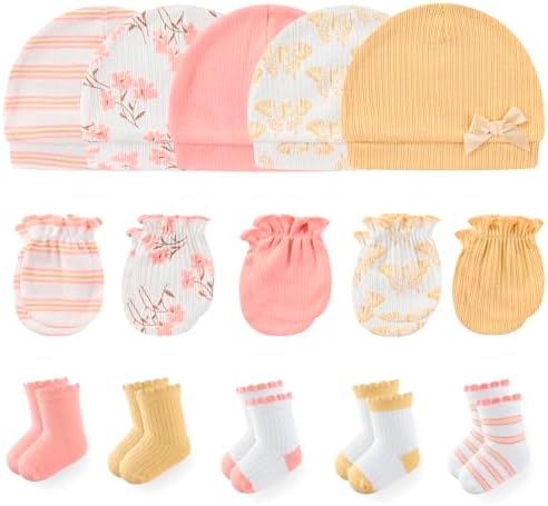 MAMIMAKA Newborn Baby Boy Girl Caps Mittens Socks Set Cotton Baby Essentials Accessories (Hats+Gloves+Socks) by MAMIMAKA