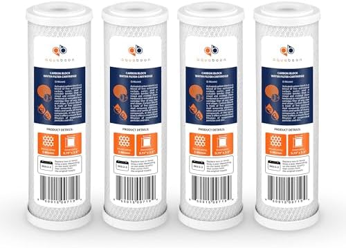 Aquaboon 5 Micron 10 x 2.5 Carbon Block Water Filter Cartridge CTO Whole House Water Filter Replacement Compatible with WHKF-WHWC, FXWTC, 4-PACK by Aquaboon