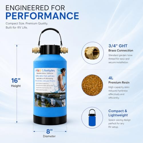 H&G lifestyles ‎Portable Water Softener for RV with Water Hose, Food-Grade Resin 3/4" Brass Fittings 2600 Gallons Softens Hard Water Filtration System for Car Washing Pressure Washing - Image 4