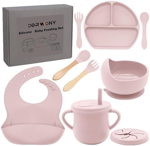 100% Silicone baby feeding set,BPA free Baby dishes set with Suction Bowl Divided Plate,Toddler Self Feeding Dish Set with Spoons Forks Sippy Cup And Bib, Baby Eating Utensils (Lilac) by Dormlony