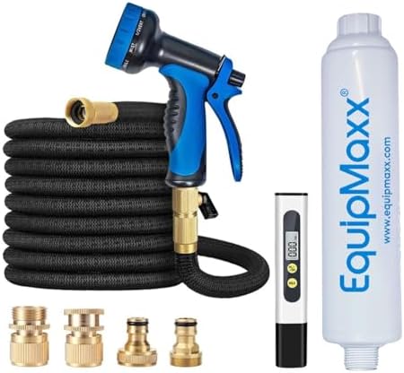 Deionized Inline Water Filter Reduces Hard Water Spots for Car Wash, Yard Cleaning, or Gardening, 3/4" Quick Connectors with TDS Meter, Adjustable Spray Gun, and Expanding Water Hose Hard Water Filter by Equipmaxx
