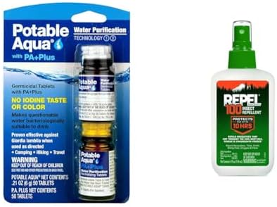 Potable Aqua Water Purification Tablets Two 50ct Bottles and Repel 100 Insect Repellent Pump Spray 4-Fluid Ounces 10-Hour Protection by Unknown