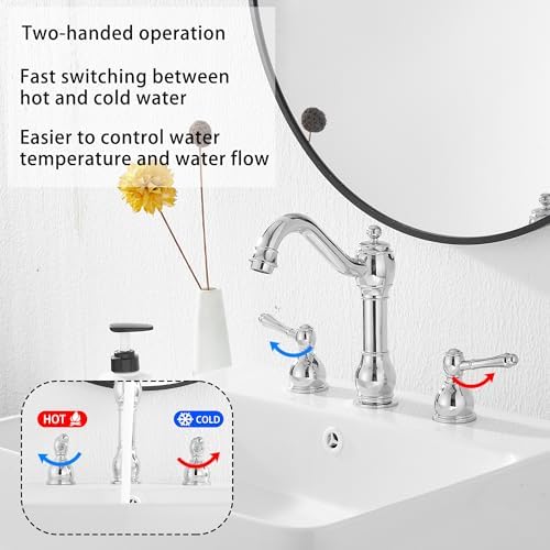 2 Handles 3 Holes Faucet Widespread Bathroom Sink Faucet Basin Tap Mixer Supply Hose Included Matching Pop Up Drain Polished Chrome - Image 2