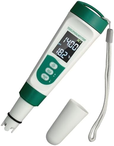 Display PH Meter Watter Tester 5 in 1, Functions: PH,TDS,EC,Salt,Temp, IPX5 Waterproof, High Accuracy With 3 Calibration Powders, for Saltwater Pool, Hot Tubs, SPAs, Aquarium, Hydroponics System by Product