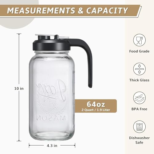 Set of 2, Glass Pitcher with Lid - 2 Quart Mason Jar Pitcher with Filter Lid, Wide Mouth Jar Leak-proof Water Jug, Heavy Duty Container for Water, Juice, Milk, Tea, Iced Coffee, and Drinks - Image 2