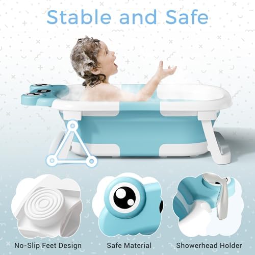 BUNWAG Baby Bathtub, Collapsible Newborn Bathtub for Infant to Toddler with Soft Cushion and Thermometer,Portable Travel Newborn Tub with No-Slip Feet, Baby Shower Gifts, 0-12 Months Baby Bath, Blue - Image 2