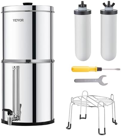 VEVOR Gravity-fed Water Filter System, 2.25G 304 Stainless-Steel Countertop Water Filtration System, Reduces Lead and up to 99% of Chlorine, with 2 Ceramic Carbon Filters, Water Level Spigot, Stand by VEVOR