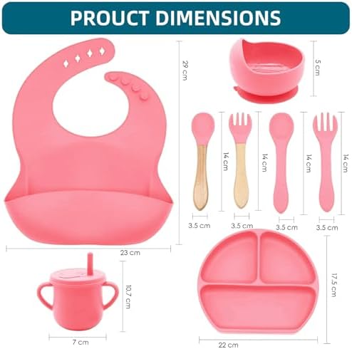 100% Silicone baby feeding set,BPA free Baby dishes set with Suction Bowl Divided Plate,Toddler Self Feeding Dish Set with Spoons Forks Sippy Cup And Bib, Baby Eating Utensils (Hot Pink) - Image 3