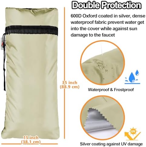 Extended Outdoor Faucet Cover for RV Park Water Hydrant Insulated, 3M Thinsulate Insulation Sprinkler Freeze Protector for Winter & Summer, 35”H x 15”W for Garden Lawn Faucets & Yard Hydrant - Sand - Image 3