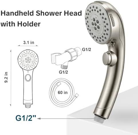 OFFO Shower Head with Handheld, 5 Mode Handheld Shower Head with On Off Switch for Water Saving, High Flow Powerful Boosting Showerheads with 60" Stainless Steel Hose & Holder, Brushed Nickel - Image 7