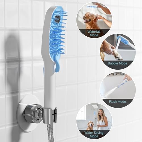Dog Shower Attachment with 4 Adjustable Spray Patterns, Pet Shower Attachment Hose for Easy Installation, Dog Shower Brush for Bathing and Grooming, Indoor/Outdoor Use，Blue/White - Image 3
