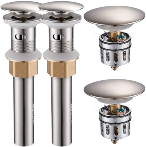 REGALMIX Bathroom Sink Drain with Overflow, Brushed Nickel Pop Up Drain 2 Pack, All Metal Bathroom Sink Stopper for Vanity Vessel Sink, Stainless Steel and Brass, RM083J-P2 by REGALMIX