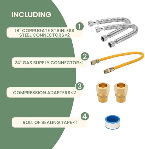 Gas Water Heater Installation Kit – 2 x 18" Corrugated Stainless Steel Water Heater Connectors, 24" Yellow Gas Line with 2 Compression Adapters - Image 2