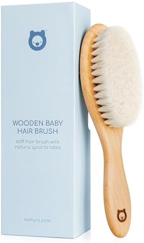 Soft Wooden Baby Hair Brush for Newborns & Toddlers in Chic Gift Box by RomyRo