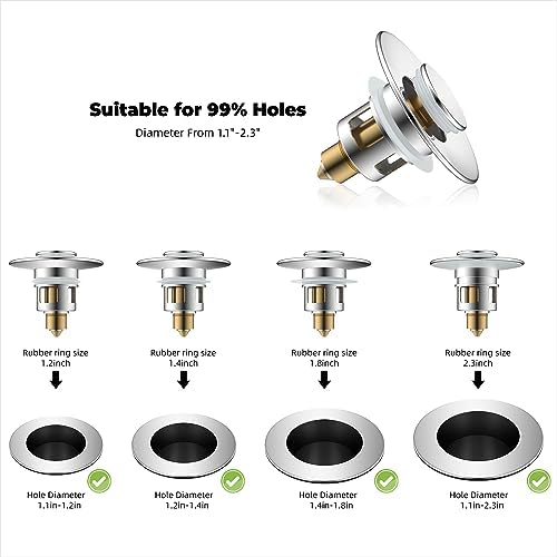 Hibbent All Metal Universal Bathroom Sink Stopper for 1.1''~2.3'' Basin, Pop Up Sink Drain Strainer, Brass Bullet Core Push Type Stopper, Stainless Steel Anti Clogging Drain Filter, Chrome - Image 2