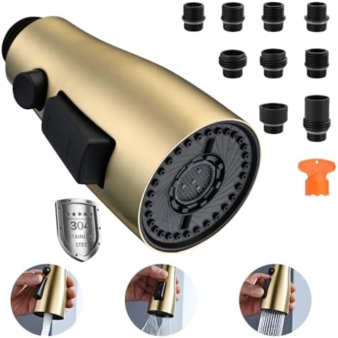 Metal Kitchen Faucet Head Replacement, 3 Functions Kitchen Faucet Head High Pressure, Brushed Gold Pull Down Kitchen Sink Sprayer Replacement with 9 Adapters Compatible with Most Faucets by SonTiy