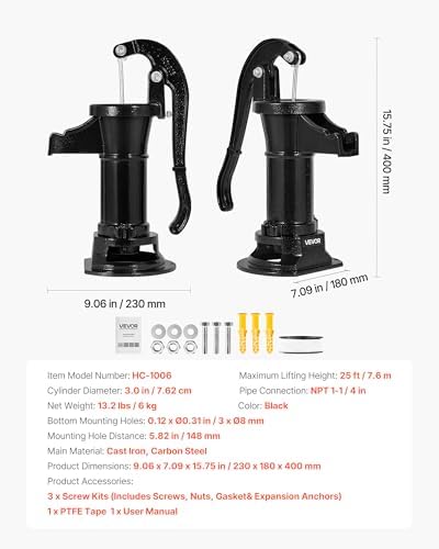VEVOR Well Hand Pitcher Pump, 25 ft Maximum Lift, Antique Cast Iron Manual Hand Water Pump, NPT 1-1/4 in Connection, Easy Installation, Old Fashioned for Outdoor Garden, Pond, Backyard, Farm, Black - Image 7