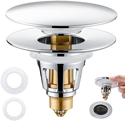 Universal 3-in-1 Bathroom Sink Stopper - Chrome Pop Up Sink Drain Stopper, Push Button Sink Drain Stopper Replacement, Wash Basin Drain Filter Plug with Anti-Clogging Strainer, (Large Cover) by PerPaiMe