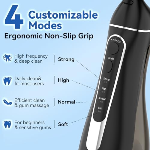 Cordless Portable Water Flosser with 300ML Tank: Rechargeable Oral Irrigator with 5 Tips for Travel, Braces Care and Sensitive Gums, IPX7 Waterproof Teeth Cleaning Device(Black) - Image 2