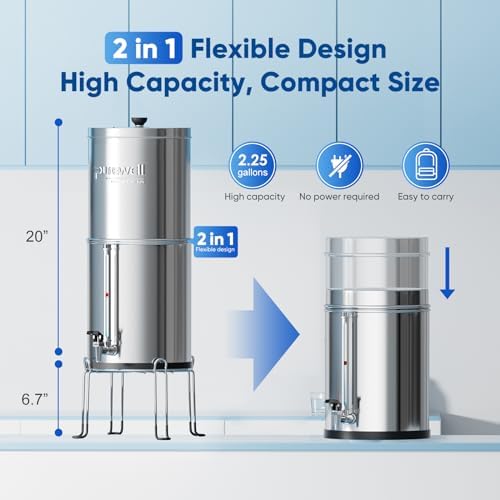Purewell 7-Stage 0.01μm Ultra-Filtration Alkaline Water Filter System with 4 Filters, Metal Water Level Spigot and Stand, 304 Stainless Steel, Reduce Fluoride & Chlorine, pH 8-9, 2.25G, PW-OB-FT - Image 7