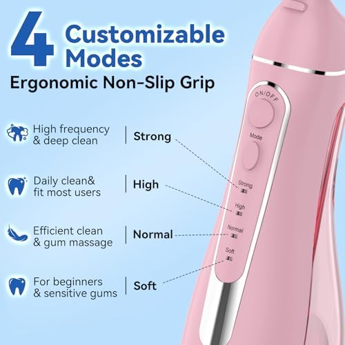 Cordless Portable Water Flosser with 300ML Tank: Rechargeable Oral Irrigator with 5 Tips for Travel, Braces Care and Sensitive Gums, IPX7 Waterproof Teeth Cleaning Device(Pink) - Image 2