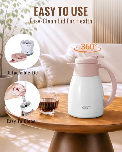 GiNT Insulated Coffee Carafe 34 Oz, Small Stainless Steel Flask for Hot Coffee with Fully Washable Detachable Lid, Portable Thermal Pitcher One-Hand Push Button Tea Dispenser for Travel Camping Office - Image 4