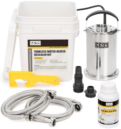 Tankless Water Heater Descaler Kit Includes 2000GPH Stainless Steel Pump with Two Adapters & Cleaner & 3 Gallons Pail with Bucket Lid Opener & Two 1/2” Dia X 6’ Hoses SUB 2000SS Flush Kit by Volcanorproducts