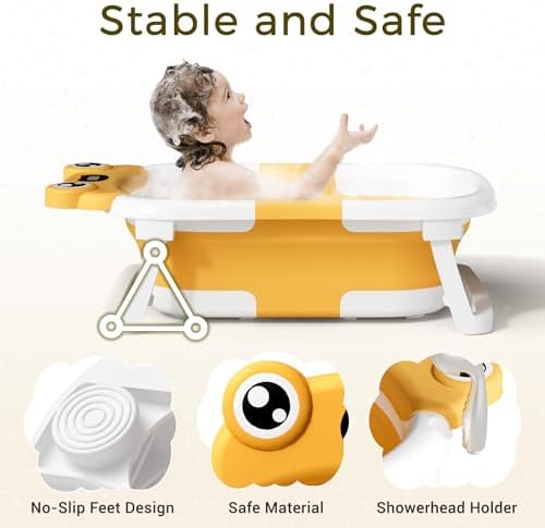 BUNWAG Baby Bathtub, Collapsible Newborn Bathtub for Infant to Toddler with Soft Cushion and Thermometer,Portable Travel Newborn Tub with No-Slip Feet, Baby Shower Gifts, 0-12 Months Baby Bath, Yellow - Image 2