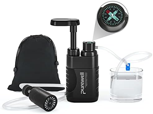 Purewell Water Hand Purifier Pump with Replaceable Carbon 0.01 Micron Water, Stages, Portable Outdoor Emergency and Survival Gear - Camping, Hiking, Backpacking(Black) by Purewell