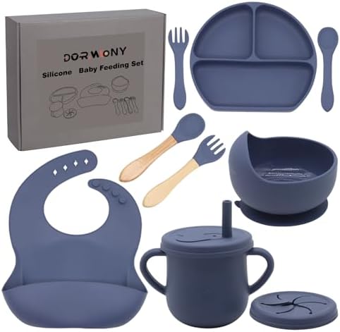 100% Silicone Baby Feeding Set, BPA Free Baby Dishes with Suction Bowl, Divided Plate, Toddler Self Feeding Dish Set with Spoons, Forks, Sippy Cup and Bib, Baby Eating Utensils (Navy Blue) by Dormlony