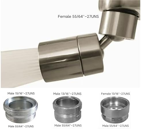 Rotating Faucet Aerator Extender,Nozzle Faucet Adapters, Universal Splash Filter Kitchen Tap Extension, Kitchen Sink Tap Head (Brushed Nickel 80°+3 brass adapters) - Image 2