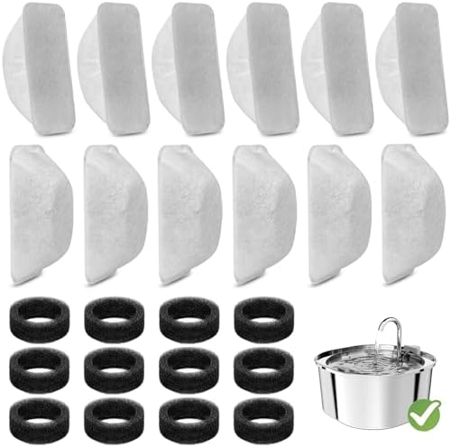 24 Pcs Cat Water Fountain Filters Replacement for 108oz/3.2L & 84oz/2.5L Pet Water Fountain,Including 12 Pcs Filter & 12 Pcs Sponges by ROCK+BEARD