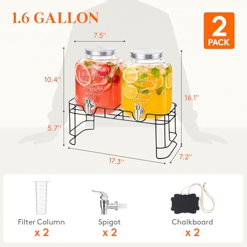 Lifewit 1.6 Gallon Glass Drink Dispenser with Stand & Fruit Infuser 2 Pcs - Image 2