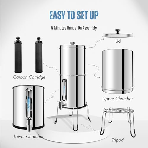 SINCHO 2.25G Gravity Water Filter System with Level Window – 3-Stage Stainless Steel System, 2 Washable Ceramic Filters, No Electricity Needed - Image 6