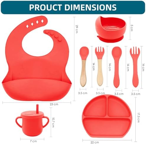 100% Silicone baby feeding set,BPA free Baby dishes set with Suction Bowl Divided Plate,Toddler Self Feeding Dish Set with Spoons Forks Sippy Cup And Bib, Baby Eating Utensils (Scarlet) - Image 3