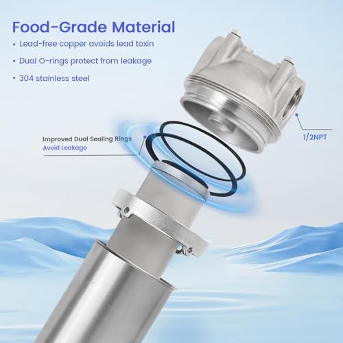 NSF/ANSI 42 Stainless Steel Whole House Water Filter Housing, 10" x 2.5" Sediment Water Filter System for Heavy Duty, Well & City Water, 1/2" NPT Port, Drain Valve Style A(Wing) - Image 6