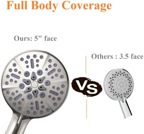 High Pressure Shower Head with Handheld - 5 Spray Settings High Flow Detachable Rain Shower Heads with 60” Extra-long Stainless Steel Hose and Adjustable Bracket with Brass Joint – Brushed Nickel - Image 4