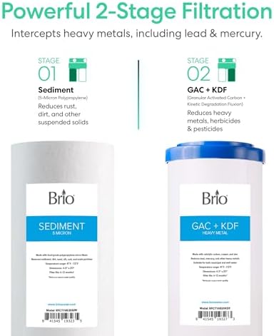 Brio Whole House Water Filter System for Heavy Metal Reduction w/Gauges | 2 Stage Fast-Flow Filtration (Sediment, GAC + KDF) 4.5" x 20" Filters | Improves Taste & Protects Home Appliances | 900 GPH - Image 4