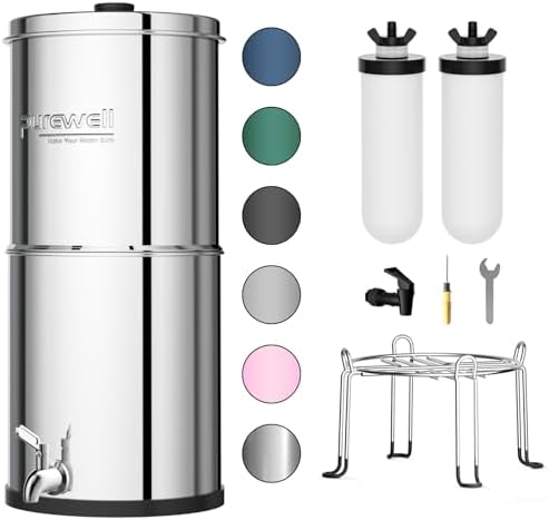 Purewell 3-Stage Gravity Fed Water Filter System, 2.25 Gallon Stainless Steel Countertop System with 2 Washable Ceramic Filters and Stand, Reduce up to 99% Chlorine, PW-OBT by Purewell