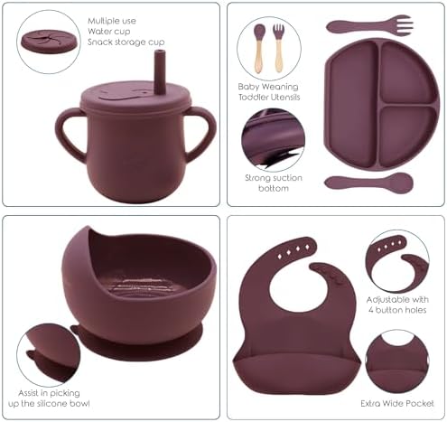 100% Silicone Baby Feeding Set, BPA Free Dishes With Suction Bowl, Divided Plate, Toddler Self Feeding Utensils, Spoons, Forks, Sippy Cup and Bib (Dark Red) - Image 3