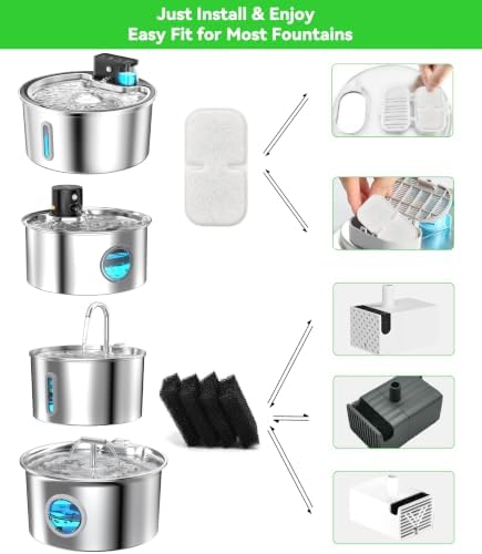 Cat Water Fountain Filter Replacement: 4 Carbon Filters & 4 Foam Sponges Kitty Spout Pump Filters for 108Oz/3.2L & 67Oz/2L Stainless Steel Pet Water Dispenser Cat Dog - Image 3