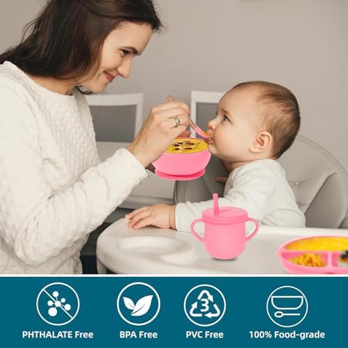 100% Silicone baby feeding set,BPA free Baby dishes set with Suction Bowl Divided Plate,Toddler Self Feeding Dish Set with Spoons Forks Sippy Cup And Bib, Baby Eating Utensils (Hot Pink) - Image 6