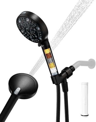 Filtered Handheld Shower Head for Hard Water, High Pressure Showerhead with 7 Spray Modes, Power Jet & Pause, Detachable & Adjustable for Healthier Skin & Hair - Matte Black (VMASSTONE HM-003) by VMASSTONE