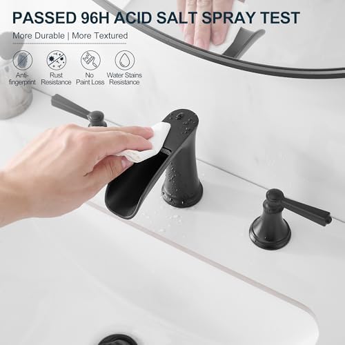 8 Inch Matte Black Bathroom Faucet 3 Hole, Brass Waterfall Bathroom Sink Faucet Widespread 2 Handle with Pop up Drain & Pre-Installed cUPC Supply Lines for Lavatory, 10 Mins Quick Install - Image 4