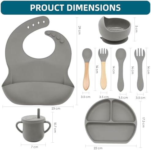 100% Silicone baby feeding set,BPA free Baby dishes set with Suction Bowl Divided Plate,Toddler Self Feeding Dish Set with Spoons Forks Sippy Cup And Bib, Baby Eating Utensils (Grey) - Image 2