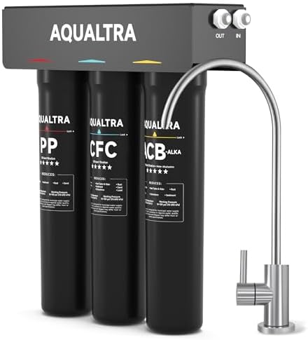 AQUALTRA USF-3F-15 Slightly Alkaline Under Sink Filter System, 8K-40K Gal with Faucet, Reduce PFOA, PFOS, Chlorine, Lead, Mercury, Chloramine, Fluoride, Microplastics Particles, Bad Taste & Odor by AQUALTRA