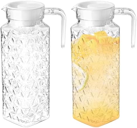 2 Pack Clear Plastic Pitcher with Lid, 1.1L Ribbed BPA-Free Tea Fridge Pitcher with Vented Lid for Hot Water Ice Tea Coffee Milk Shatter-Proof by Unknown