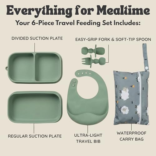 Baby Travel Feeding Set with Silicone Suction Plates, Green Small - Image 3